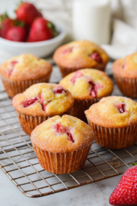 Moist breakfast muffins with visible strawberry pieces and a lightly crisp golden top.