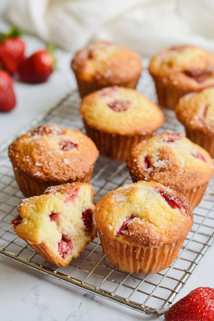 Golden-brown muffins cooling on a wire rack, sugar crystals sparkling on top.