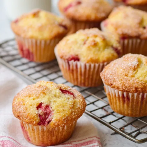 Freshly baked strawberry muffins dusted with powdered sugar and topped with juicy strawberry pieces.