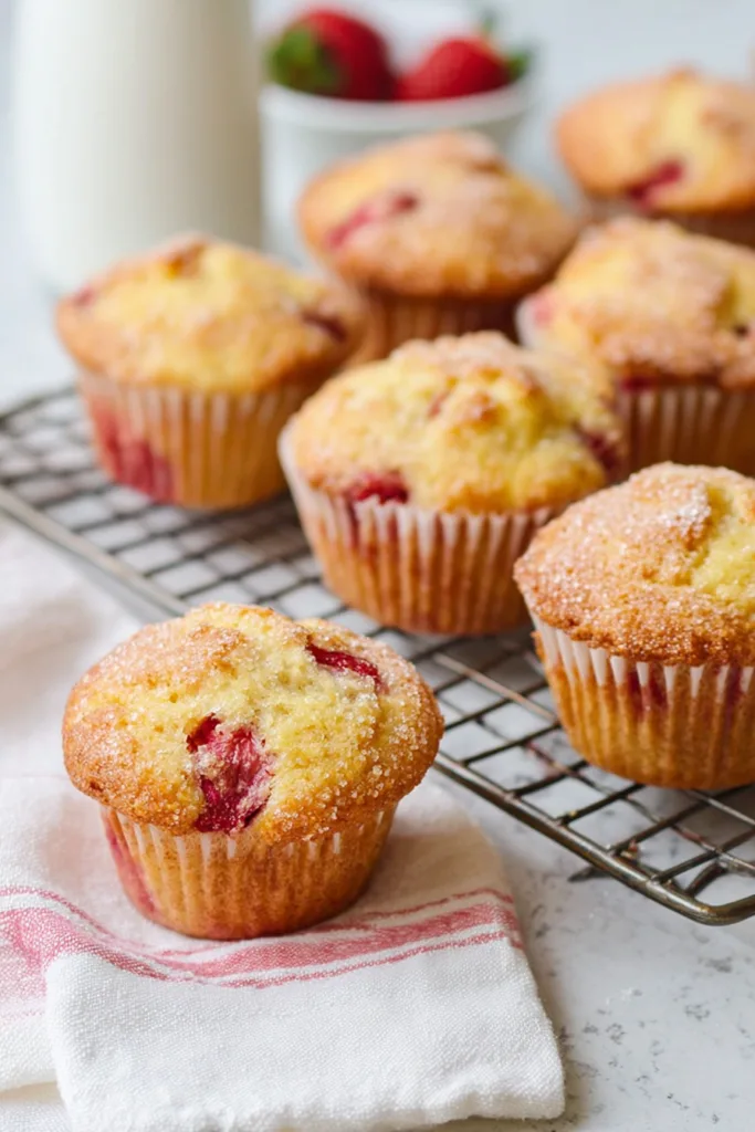 Freshly baked strawberry muffins dusted with powdered sugar and topped with juicy strawberry pieces.
