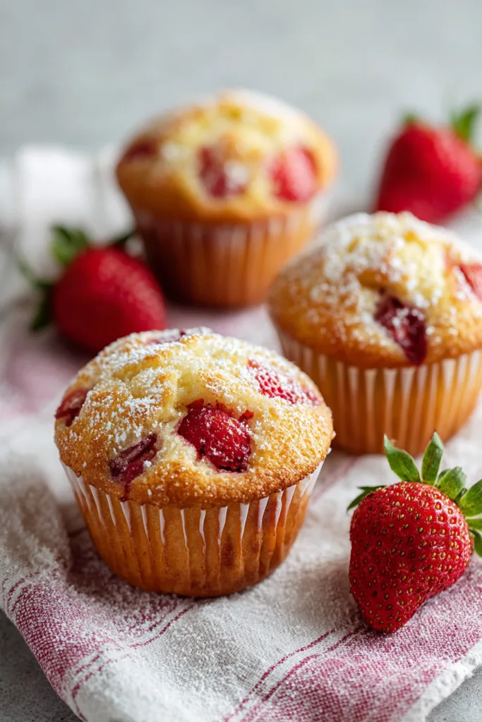 Close-up of soft and fluffy berry-studded muffins in paper liners with a light sugar dusting.