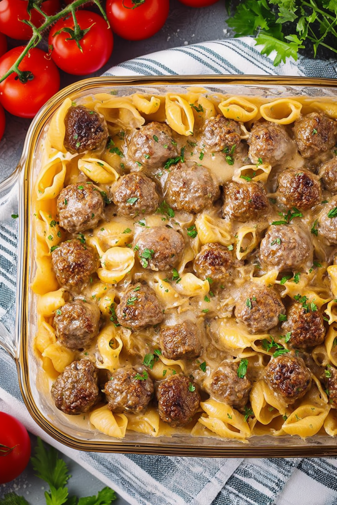 Close-up of pasta coated in rich sauce, finished with golden meatballs and fresh herbs.