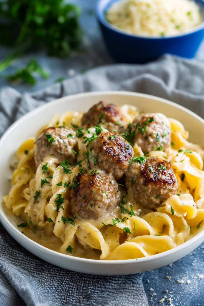 Bowl of creamy egg noodles topped with browned meatballs and sprinkled parsley.