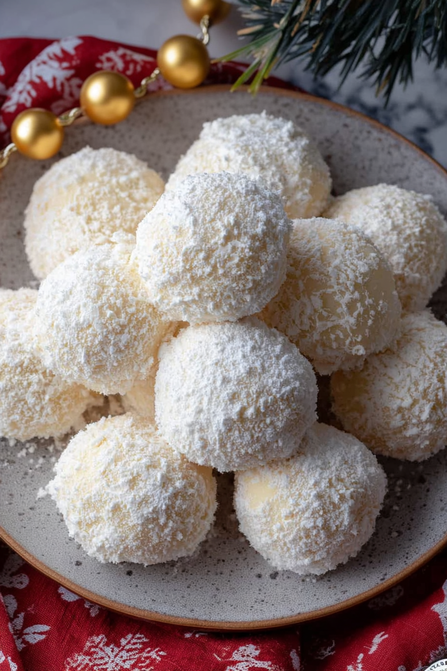 Delicate round cookies with a soft texture and powdered sugar finish.