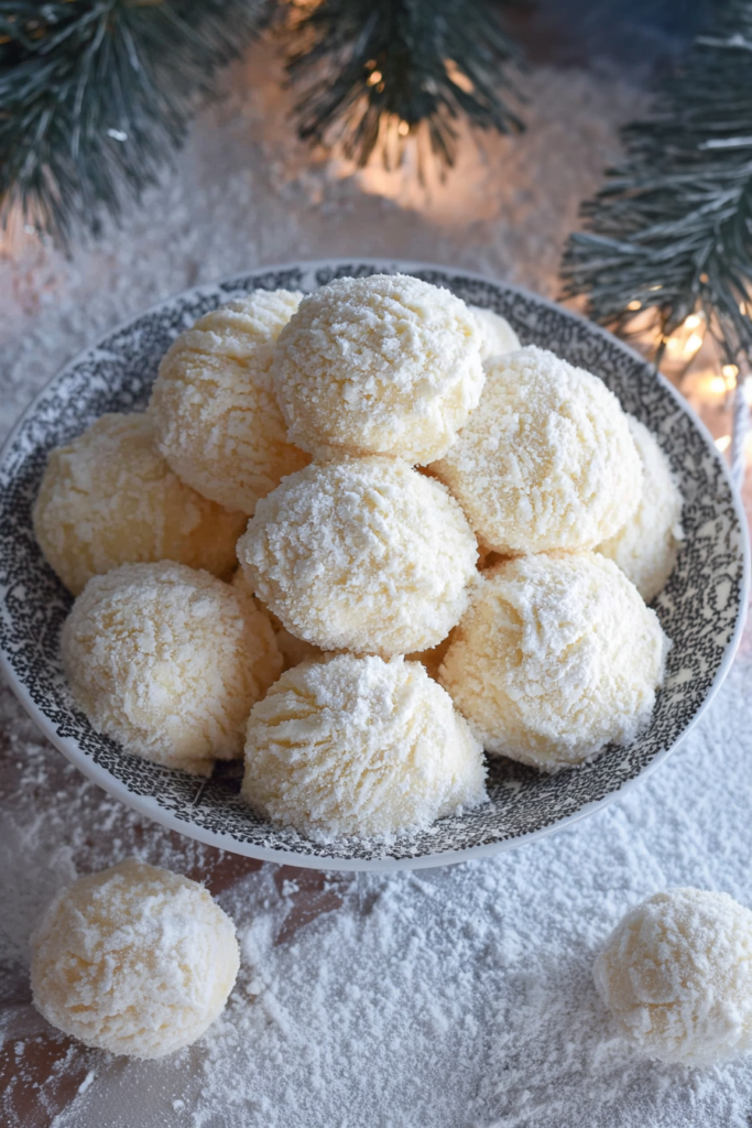 Tender bite-sized cookies dusted generously with powdered sugar on a blue plate.