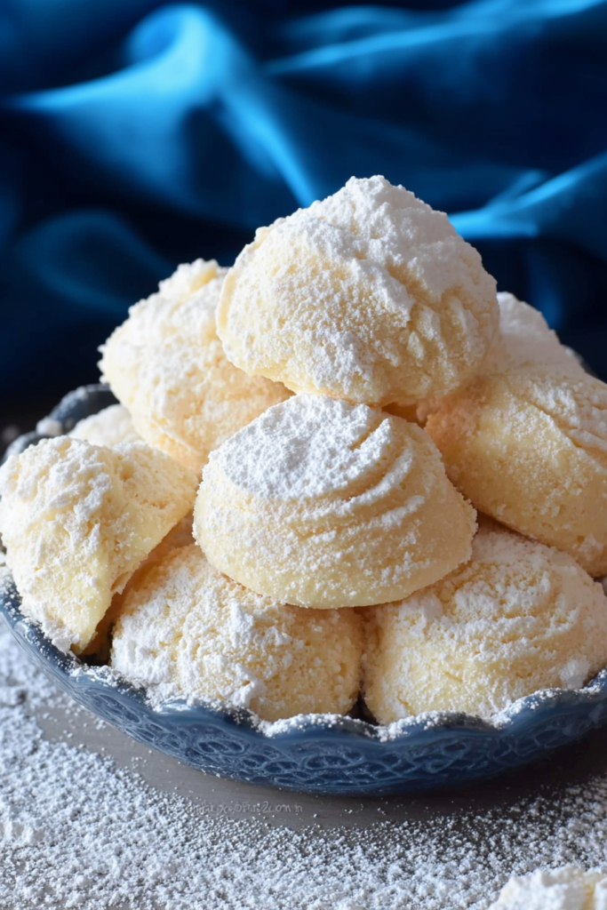 Powdered sugarโcoated soft cookies stacked on a plate, ready to serve.