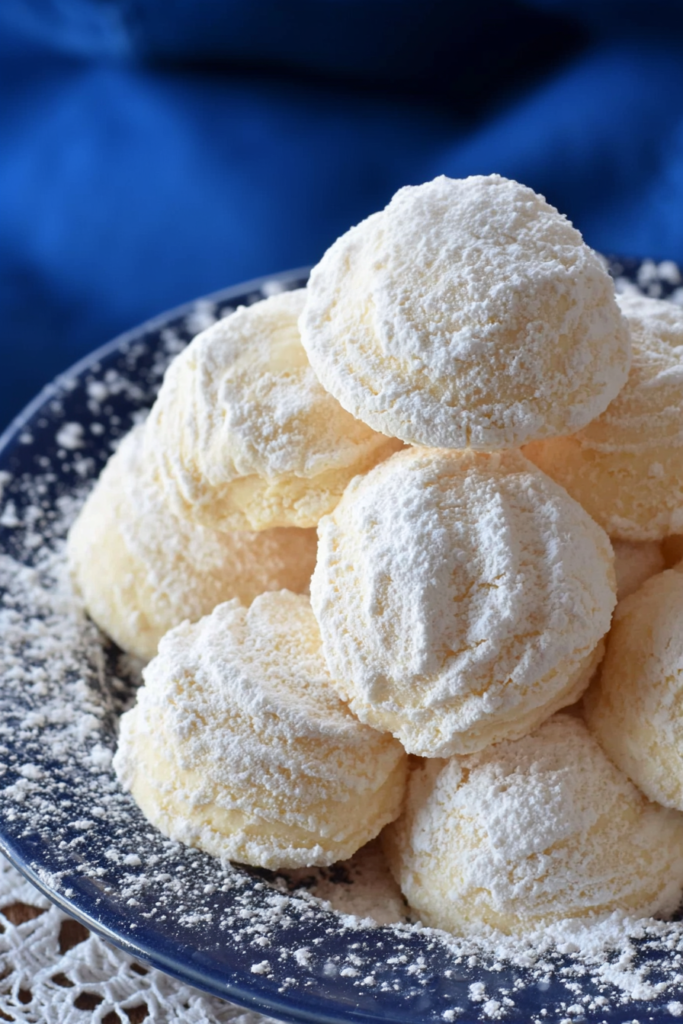 Close-up of soft, snowy white cookies with a light sugar coating.