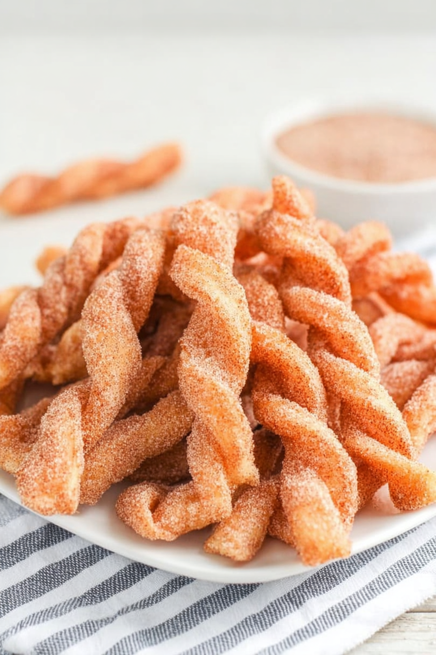 Golden, airy twists coated in cinnamon sugar on a white plate