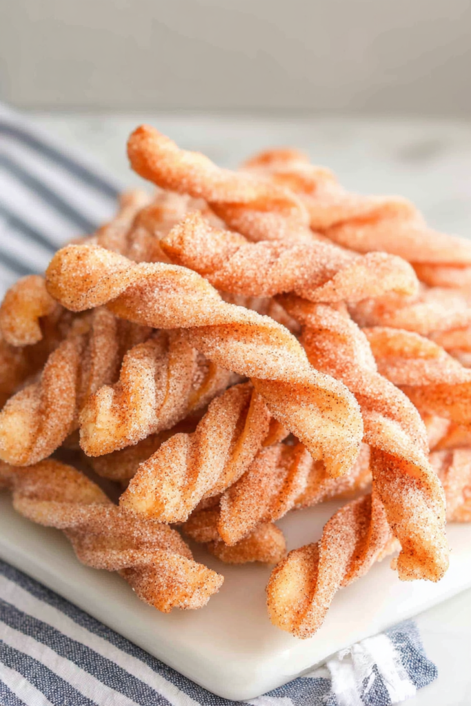 Crispy fried twists with a warm, sugary coating ready to enjoy