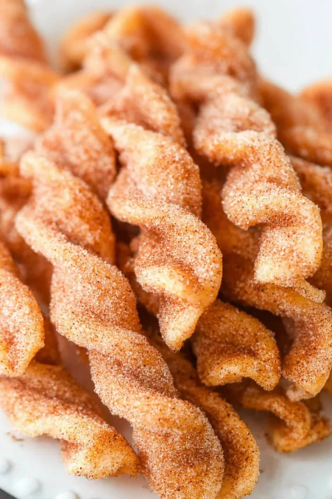 Close-up of crispy puffed churros with sparkling sugar crystals