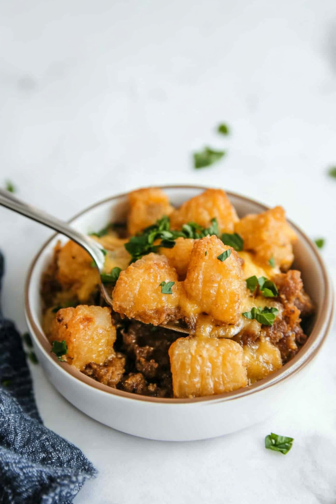 Crispy potato topping covering a hearty meat and vegetable filling.