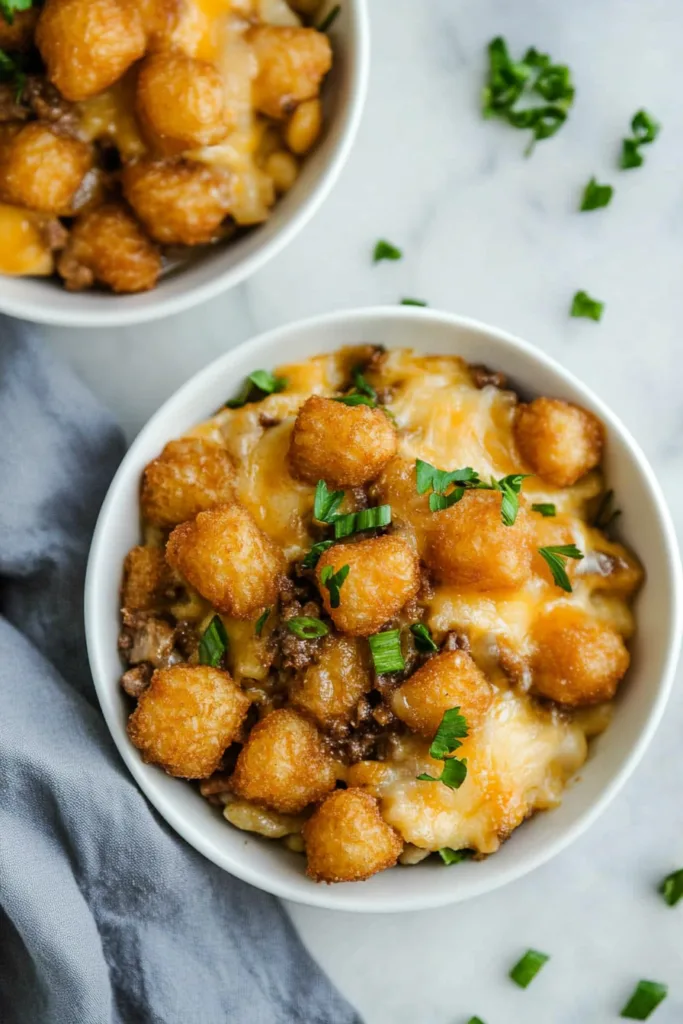 Warm casserole topped with crisp tater tots, garnished with green onions.
