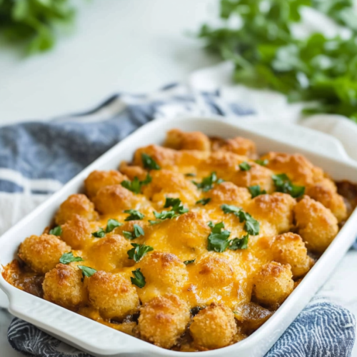 Golden tater tots baked over a creamy casserole, served hot in a rustic dish.