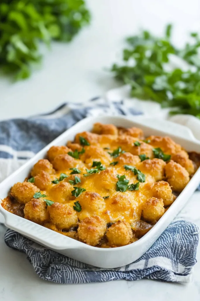 Golden tater tots baked over a creamy casserole, served hot in a rustic dish.