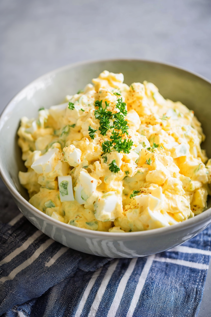 Close-up of egg salad with flecks of green onion, placed on a striped cloth.