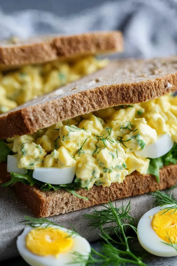 Whole grain sandwich filled with creamy egg salad and fresh herbs, garnished with dill sprigs.