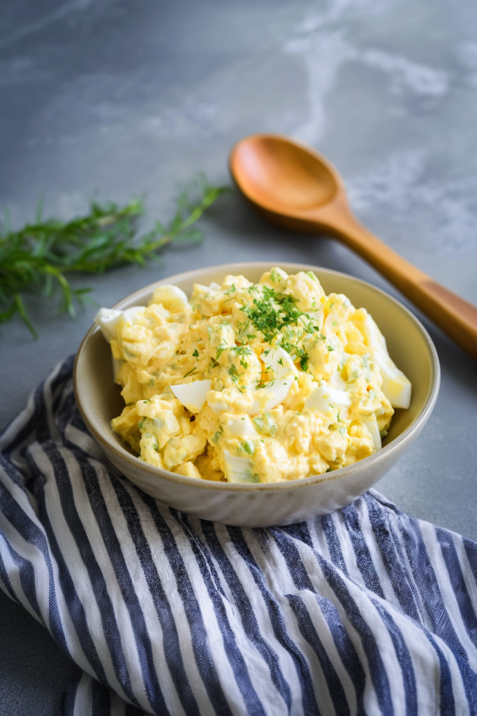 Chopped eggs mixed with mayonnaise and celery, served in a rustic dish.