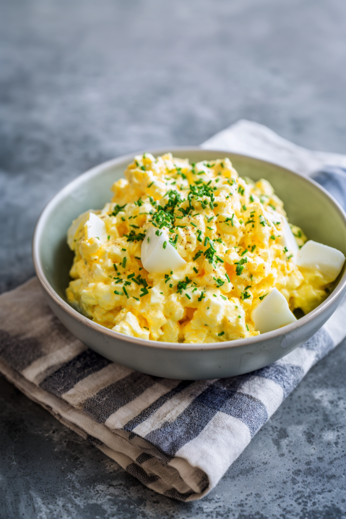 Bowl of creamy egg salad garnished with parsley and a sprinkle of paprika.
