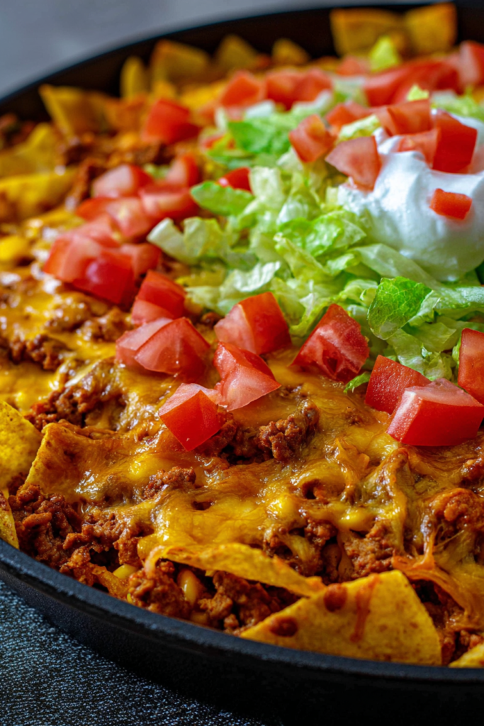 Baked taco casserole topped with lettuce, tomatoes, jalapeños, and sour cream.