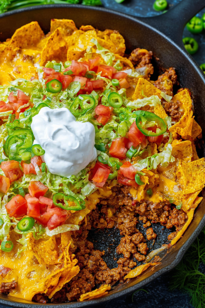 Crispy chips and ground beef layered with melted cheese and fresh toppings.