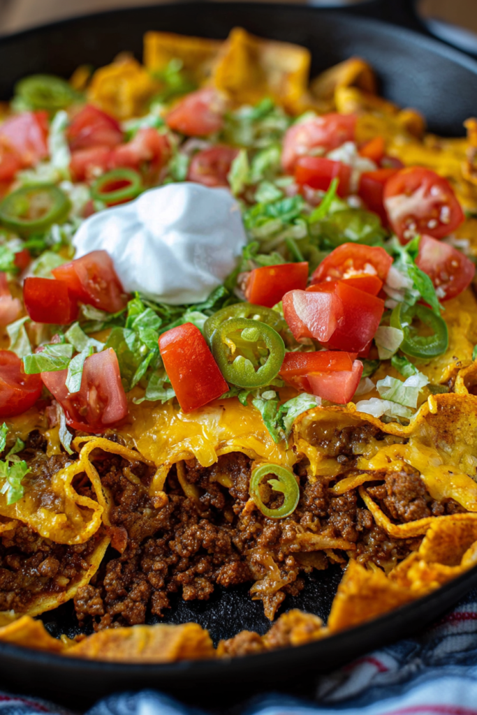 Close-up of layered taco bake with seasoned beef, melted cheese, and crunchy chips.
