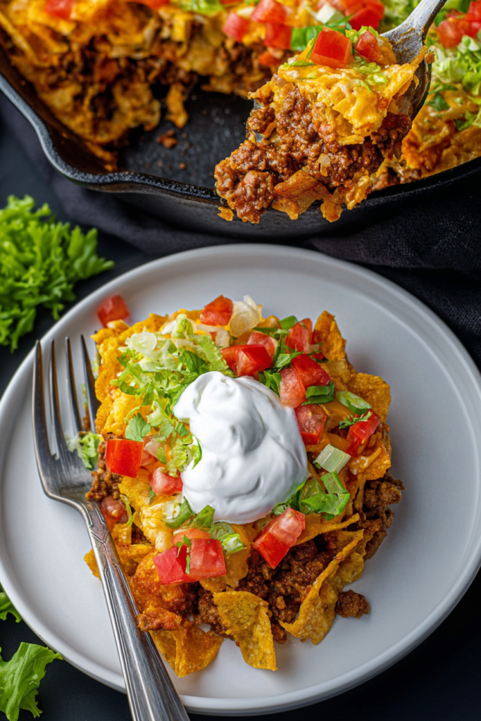 Hearty Mexican-inspired casserole topped with fresh vegetables and sour cream.
