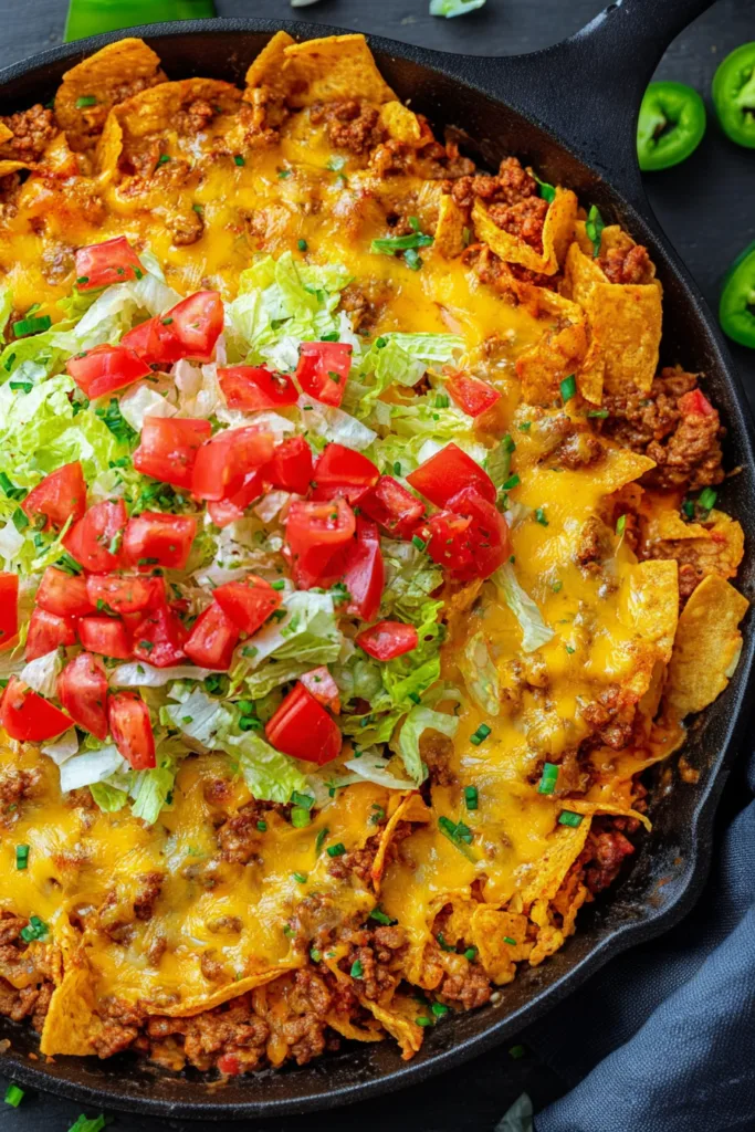 Skillet filled with cheesy taco-style casserole ready to serve.