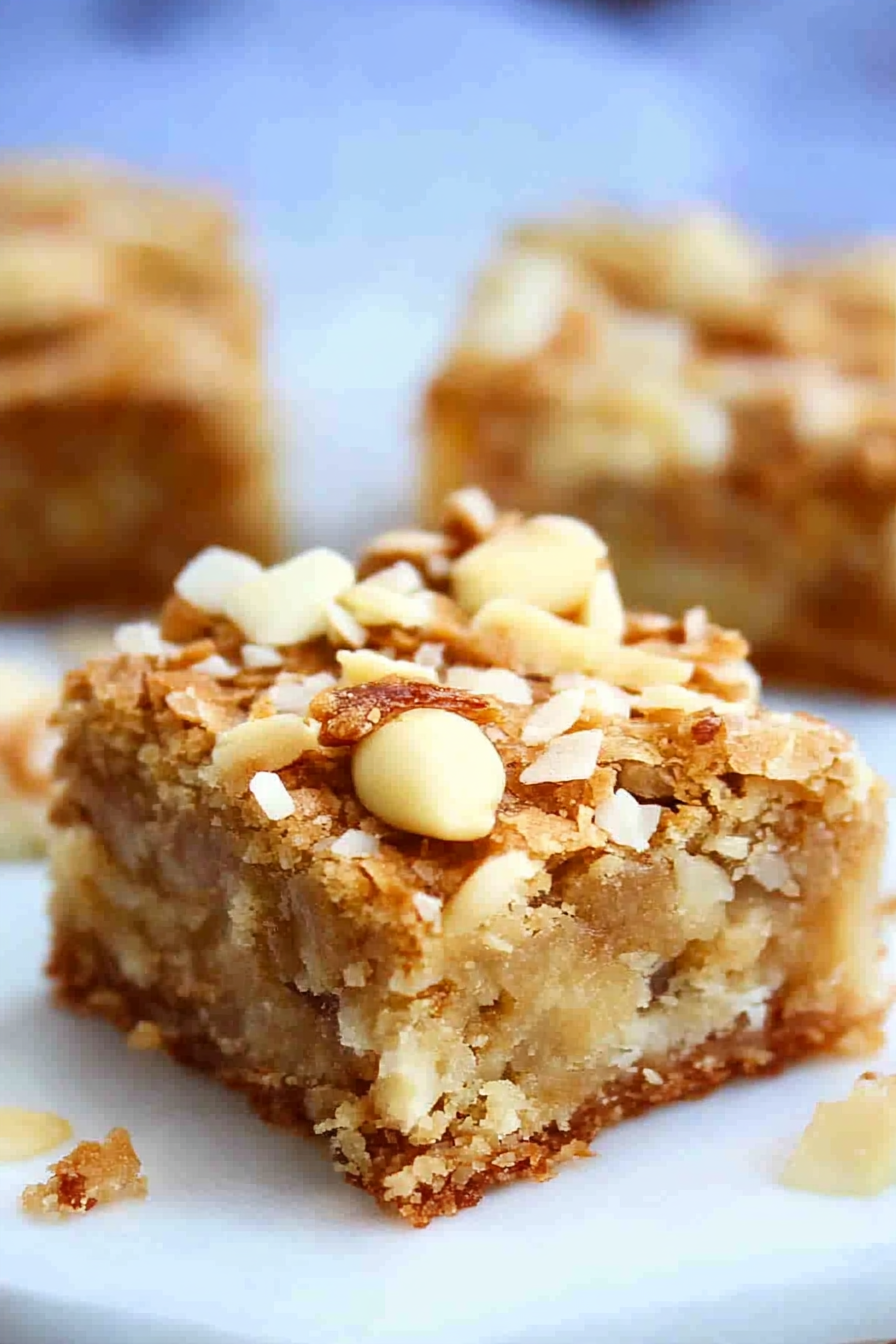 Close-up of thick, chewy blondie bars with white chocolate chunks and toasted coconut on top.