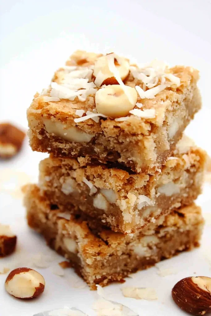 Homemade white chocolate coconut blondies cut into squares and stacked for serving.