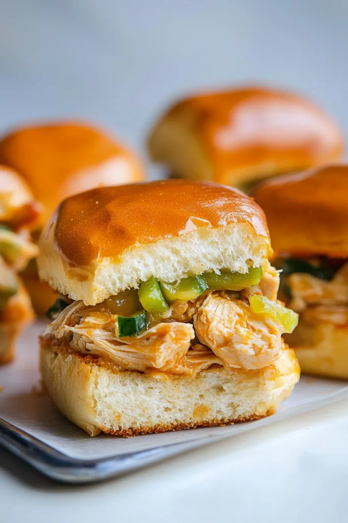 A plate of mini chicken sandwiches, perfect for sharing at gatherings.