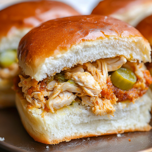 Close-up of a slider sandwich showing tender chicken and crisp pickle slices.