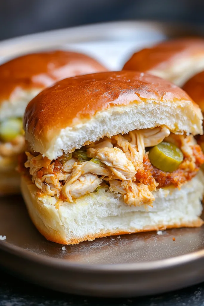 Close-up of a slider sandwich showing tender chicken and crisp pickle slices.