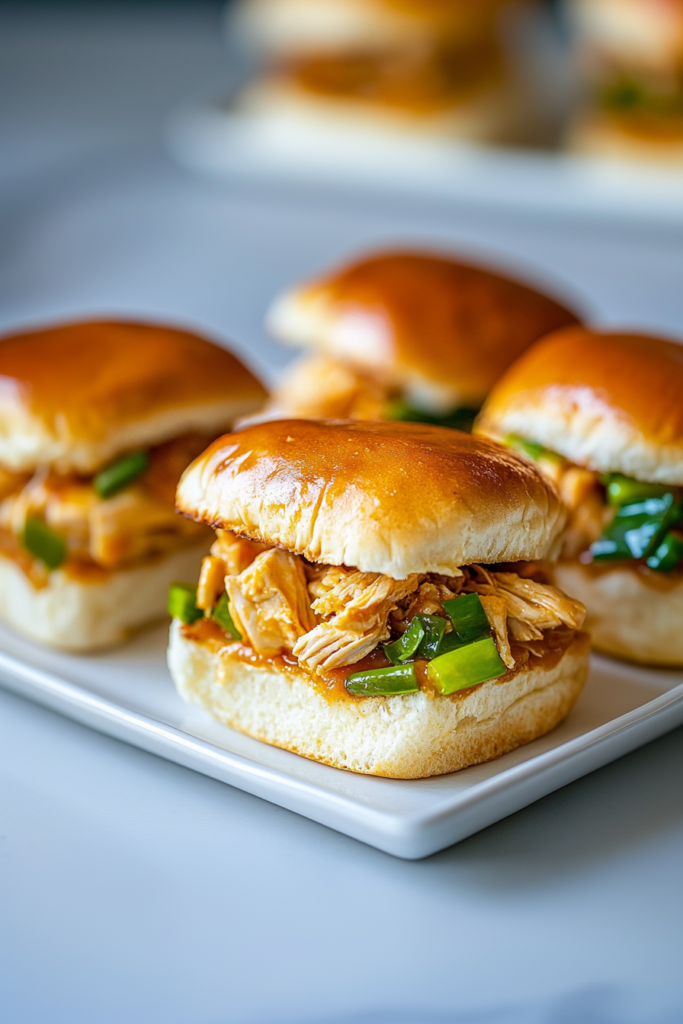 Soft buns stacked with saucy chicken and pickles, served warm.