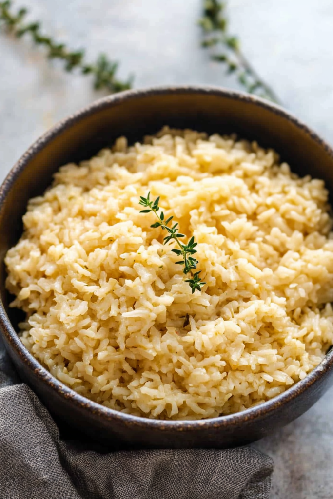 Final serving of rice highlighting texture, color, and minimalist garnish