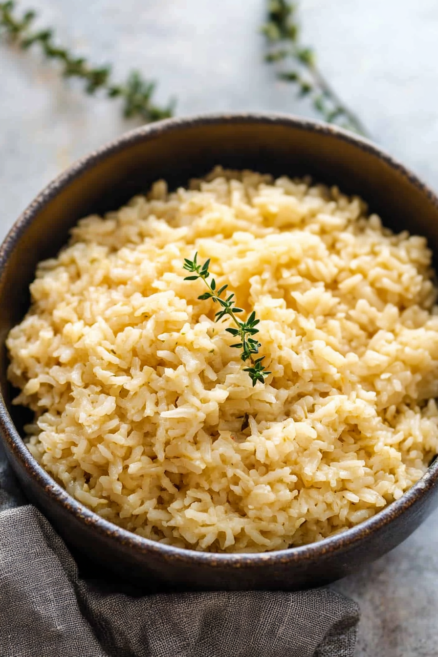 Final serving of rice highlighting texture, color, and minimalist garnish