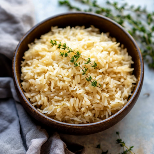 Simple rice dish presented on a textured cloth with herb garnish