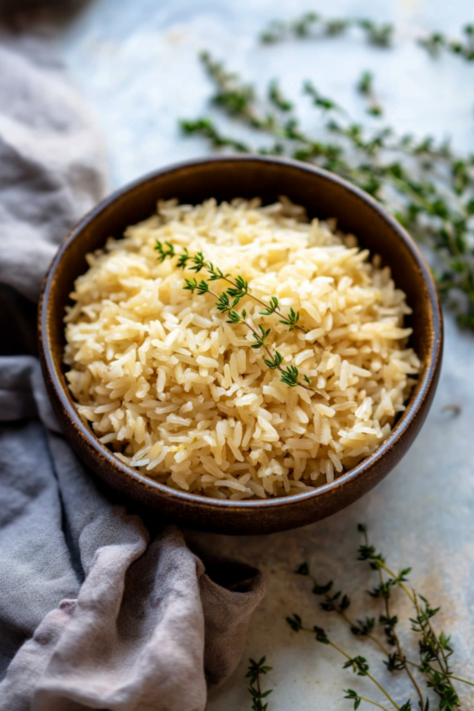 Simple rice dish presented on a textured cloth with herb garnish
