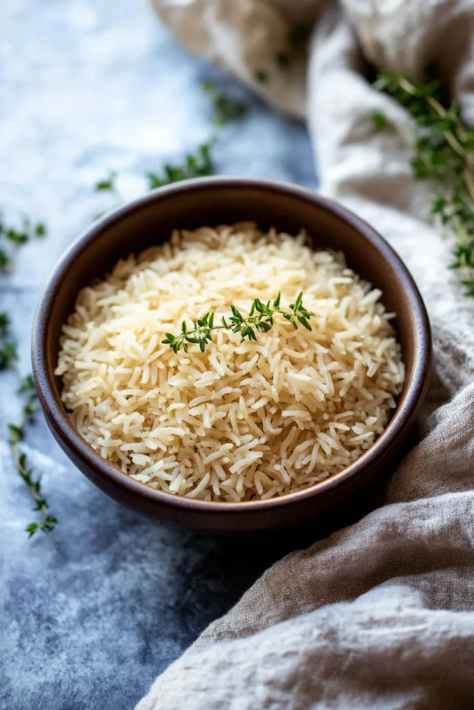 Bowl of golden seasoned rice topped with a sprig of fresh thyme