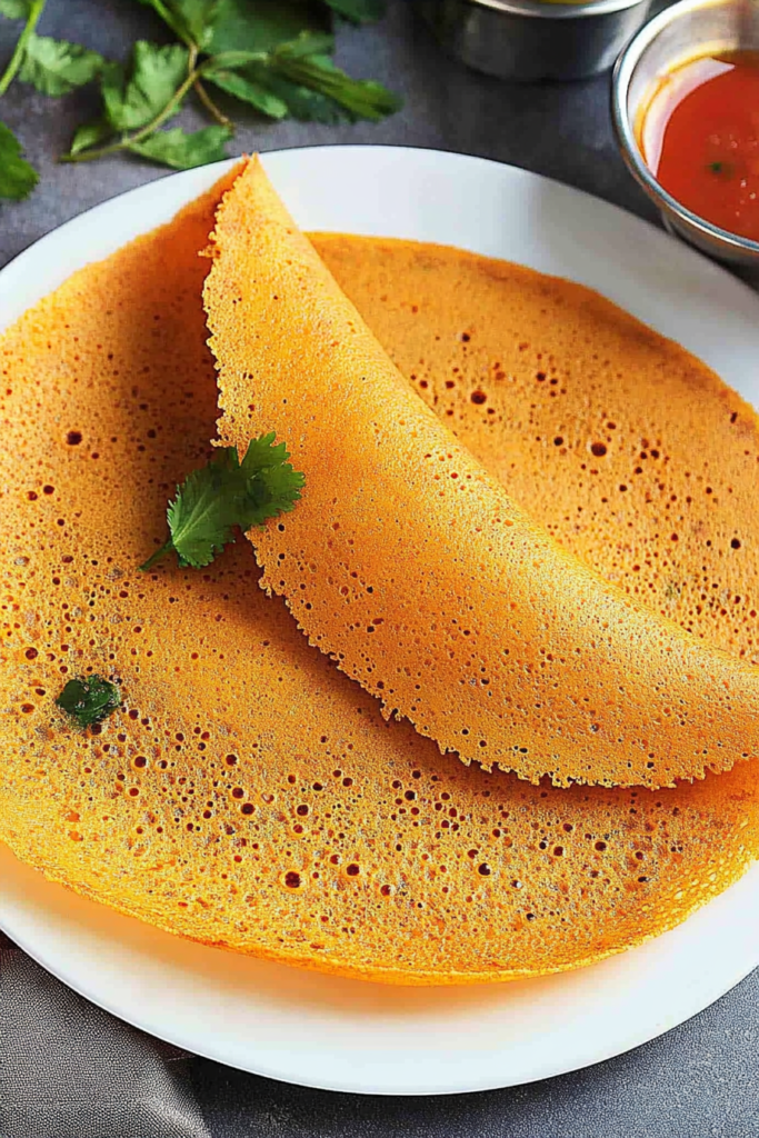 Crispy golden dosa folded on a plate with a light, lacy texture