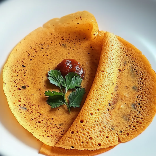 Traditional South Indian crepe plated simply, highlighting its crisp texture