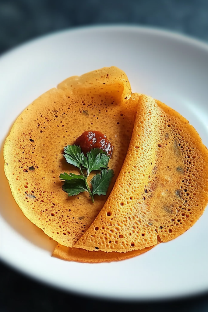 Traditional South Indian crepe plated simply, highlighting its crisp texture