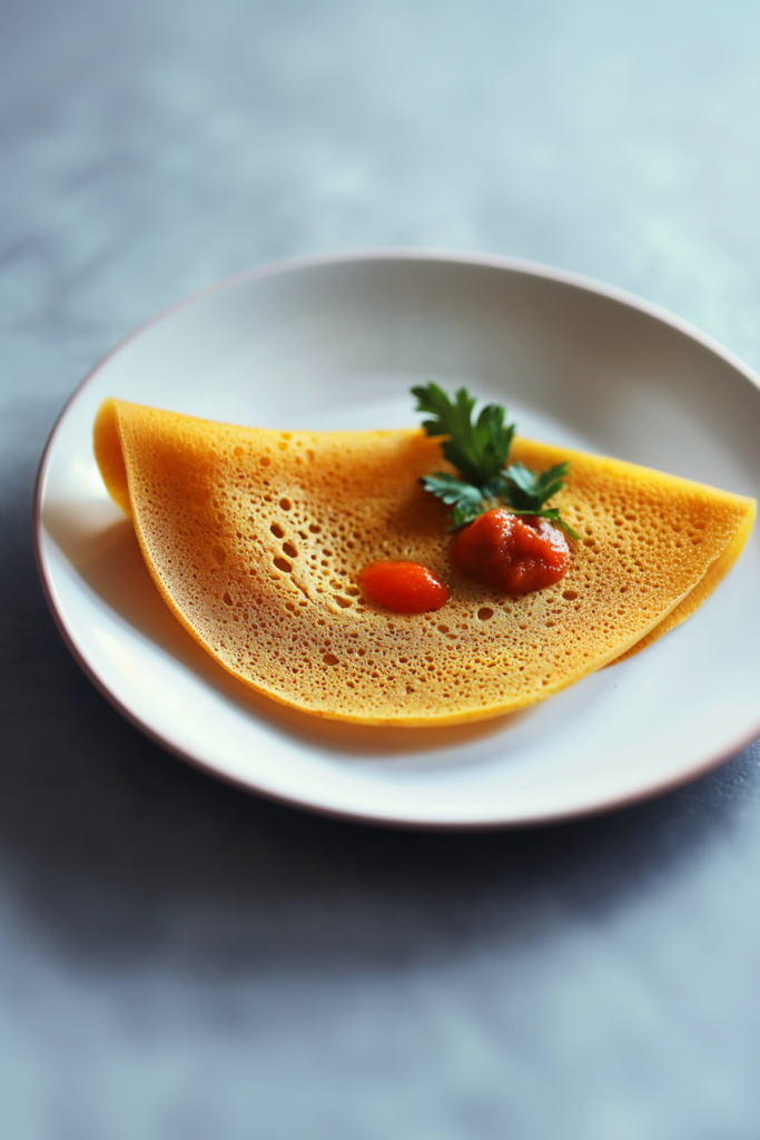 Golden, crisp dosa with airy holes and a delicate, crunchy edge