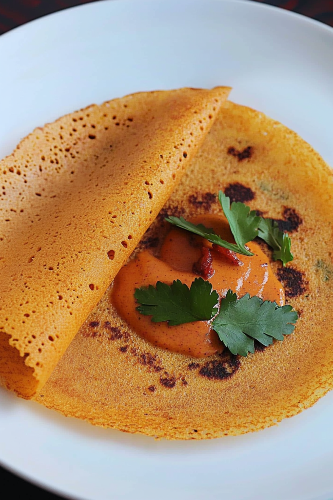 Close-up of a thin, crunchy crepe with a beautifully browned surface