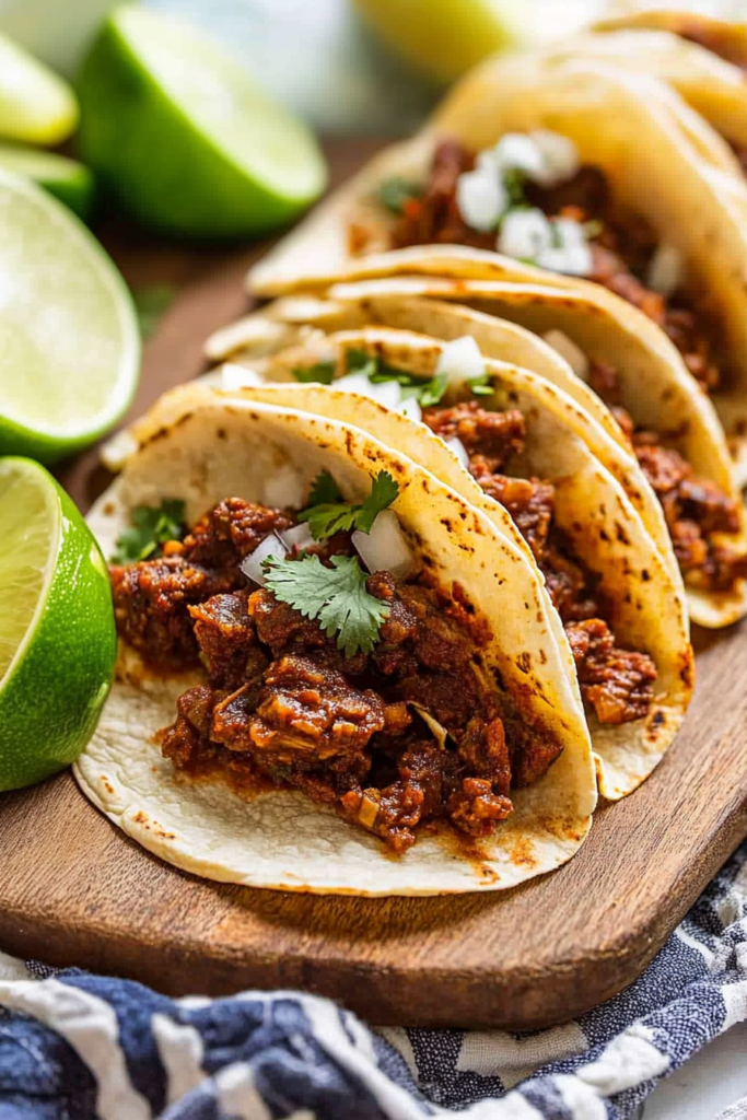 Three freshly made tacos filled with marinated pork, topped with cilantro and onions, served on a rustic wooden board.