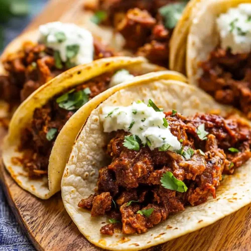 Warm tortillas wrapped around richly seasoned meat, finished with chopped onions and cilantro for contrast.