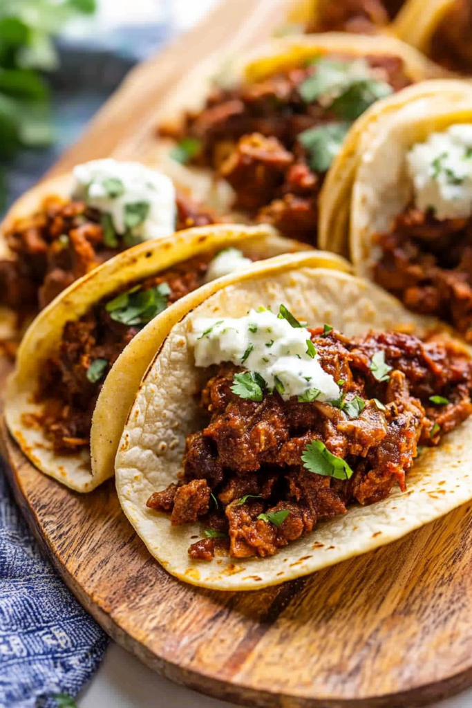Warm tortillas wrapped around richly seasoned meat, finished with chopped onions and cilantro for contrast.