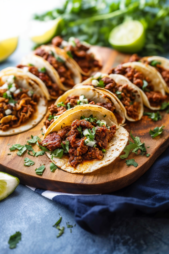 Row of vibrant tacos showcasing tender pork filling and crisp toppings, styled for a food photography shoot.
