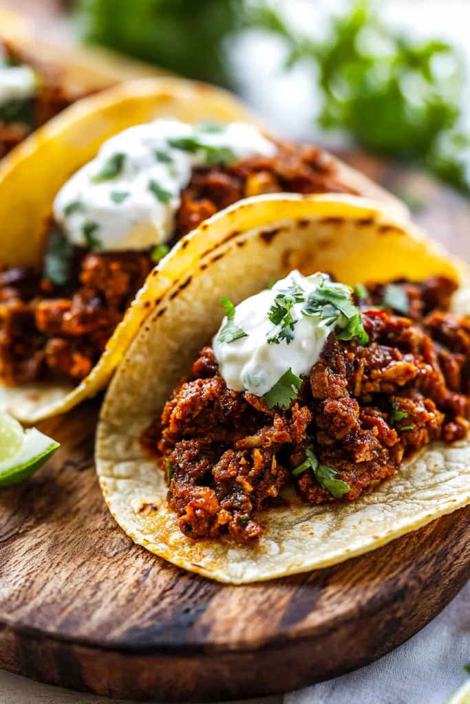 Serving board lined with tacos, each layered with savory pork and fresh toppings, ready to enjoy with lime.