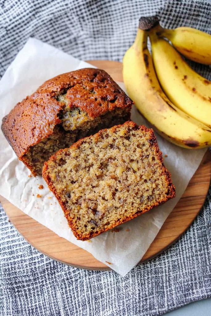 Homemade banana bread resting on parchment paper, with a rustic presentation on a striped cloth.