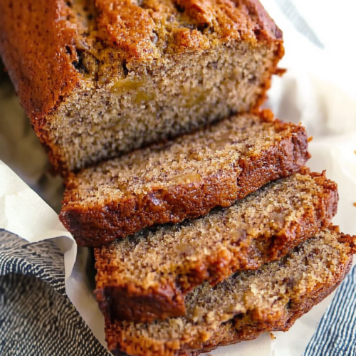 Air Fryer banana bread recipe finished and ready to serve, with a warm, golden crust.